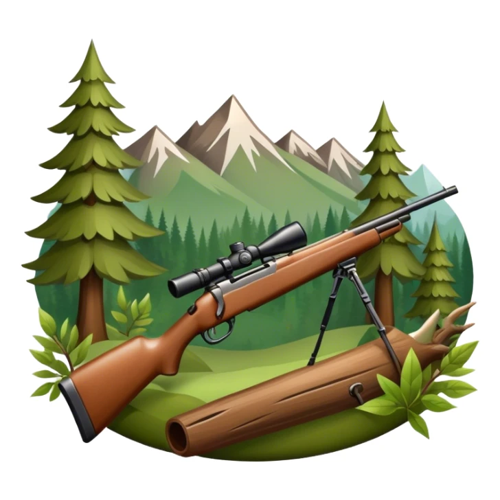 Icon for Hunting Tourism: hunting rifle, surrounded by nature elements like trees, mountains, and wildlife tracks. The icon should represent the adventure and exploration of hunting tourism. Transparent background. sticker