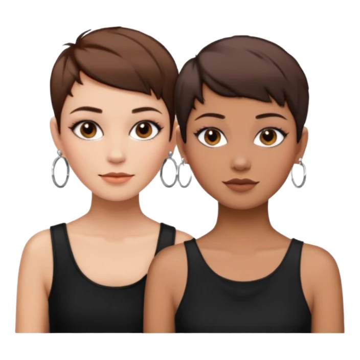 Puerto Rican fair skin straight brown pixie cut hair with hoop earrings make up and my best friend brown  colored pixie cut with jewelry and makeup on her face besties side-by-side wearing black  sticker