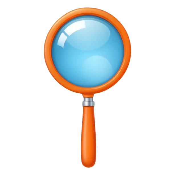 A stylized blue magnifying glass tilted right, flat design, minimalist, vibrant orange handle, white circular background, high resolution, 2048x2048 pixels, vector art, clean lines sticker