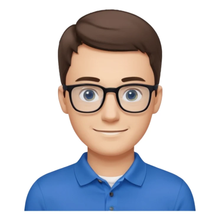 Young white man, late 20s, short brown hair, blue eyes, clean-shaven, thin black rectangular glasses, slim build, wearing a blue polo shirt, friendly and energetic look. sticker
