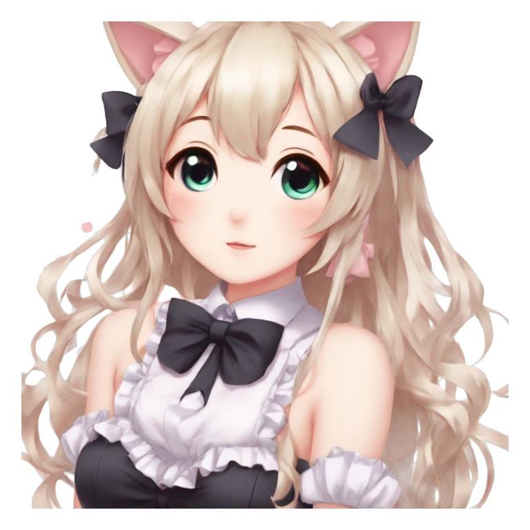 Gorgeous anime style catgirl with blushing face with maid outfit bow tie idol model kawaiicore pearly petite simplistic aesthetic trending style sticker