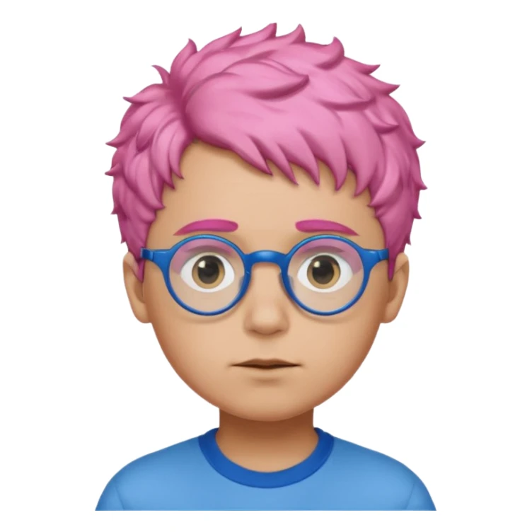 boy with short, curly pink hair, matching blue eyebrows, light brown skin, round black glasses, and a neutral facial expression. sticker
