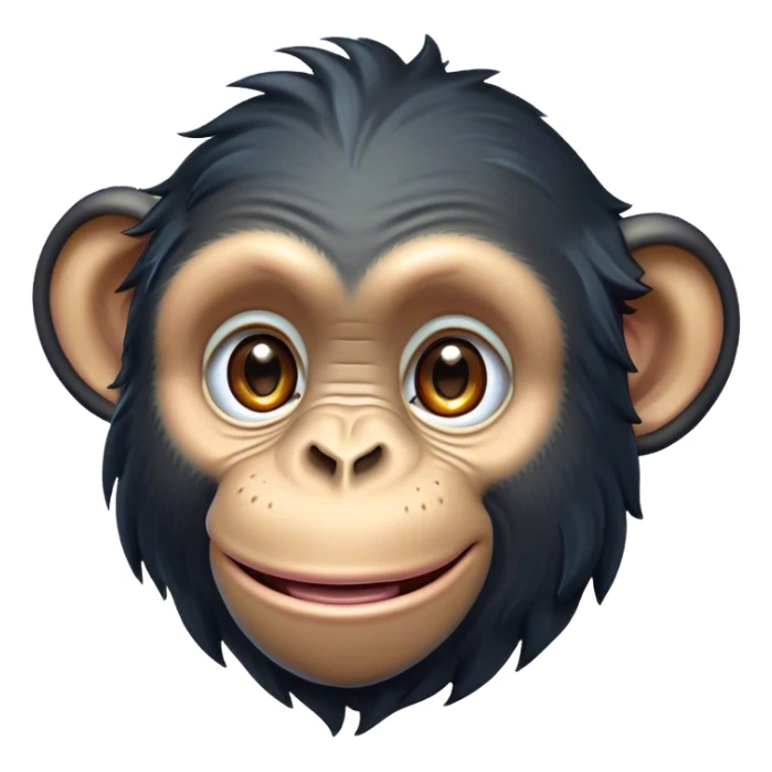 Cinematic Cute Chimpanzee Portrait Emoji, Head tilted playfully and inquisitively, with a smooth, expressive face accented by softly ruffled fur and round, sparkling eyes full of mischief, Simplified yet irresistibly adorable features, highly detailed, glowing with a warm, friendly glow, high shine, affectionate and lively, stylized with a touch of whimsical charm, soft glowing outline, capturing the essence of a mischievous yet loving chimpanzee that feels like it could leap out of the screen into your arms! sticker