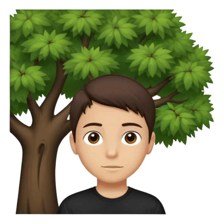 boy with straight short brunette hair brown eyes black tshirt on and tree behind sticker