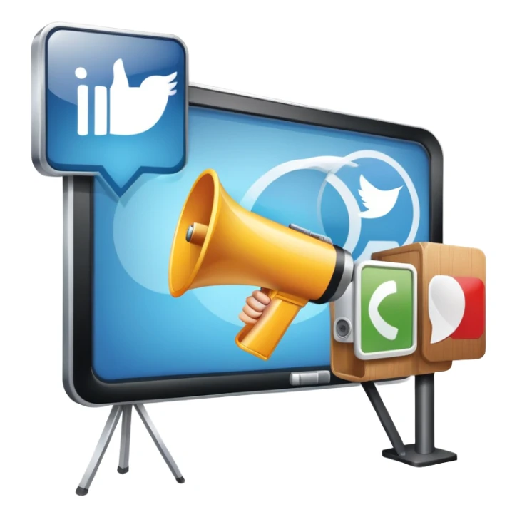 An icon featuring a megaphone, a billboard, and social media icons, symbolizing advertising and public relations. The design includes a press release and a rising graph, representing brand promotion and communication strategies. Transparent background highlights media influence and outreach. sticker