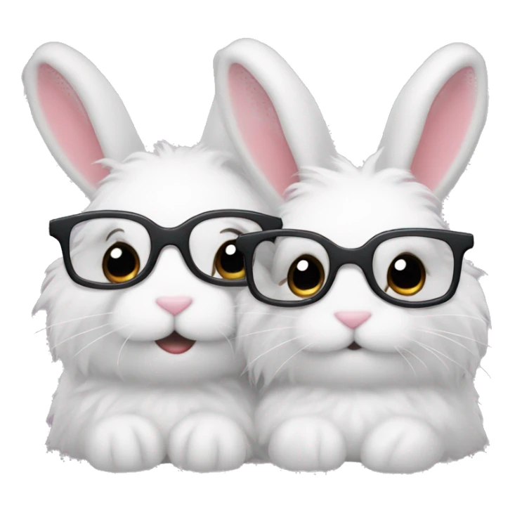 two fluffy bunnies cuddling, the one on the left has glasses sticker