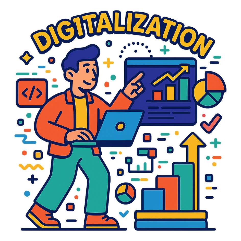 digitalization with colorful data and tech motifs in vibrant toon style sticker