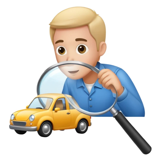 cartoon mechanic looking at small car through large magnifying glass sticker
