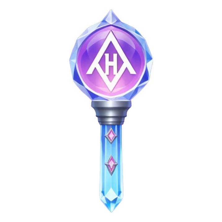 A magical K-pop lightstick for Huntrix (from K-Pop Demon Hunters): crystal dome top with a glowing rune and “H” emblem, shifting violet/silver/pink/blue light, sleek rune-engraved handle, charm loop—part idol merch, part mystical weapon. sticker
