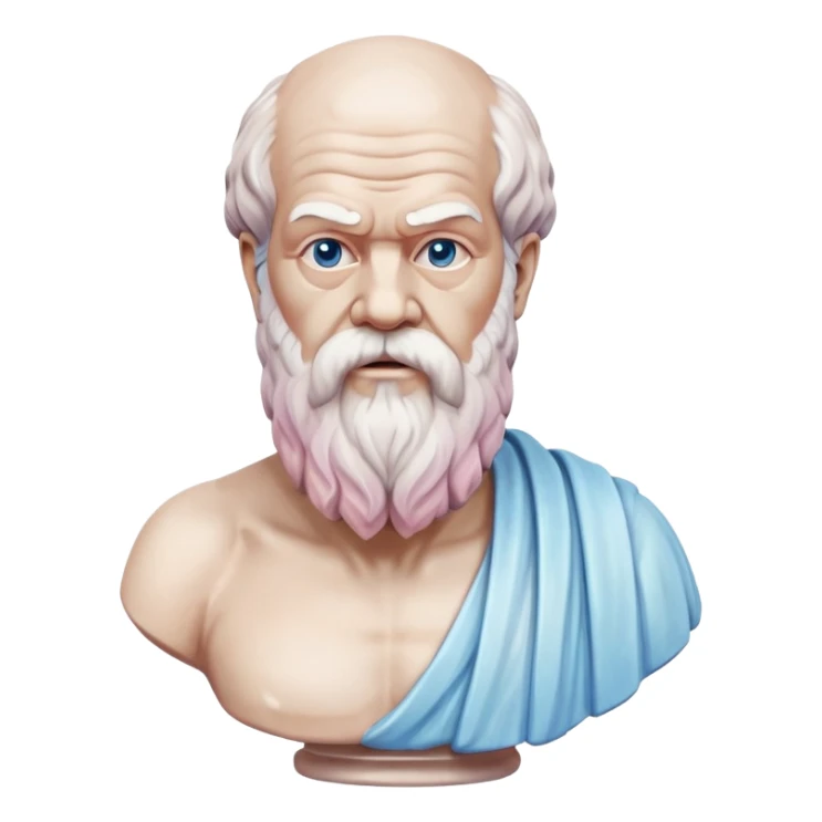 marble statue of Socrates with beard and wise expression, classical Greek philosopher bust, soft pastel colors in light pink and blue tones sticker