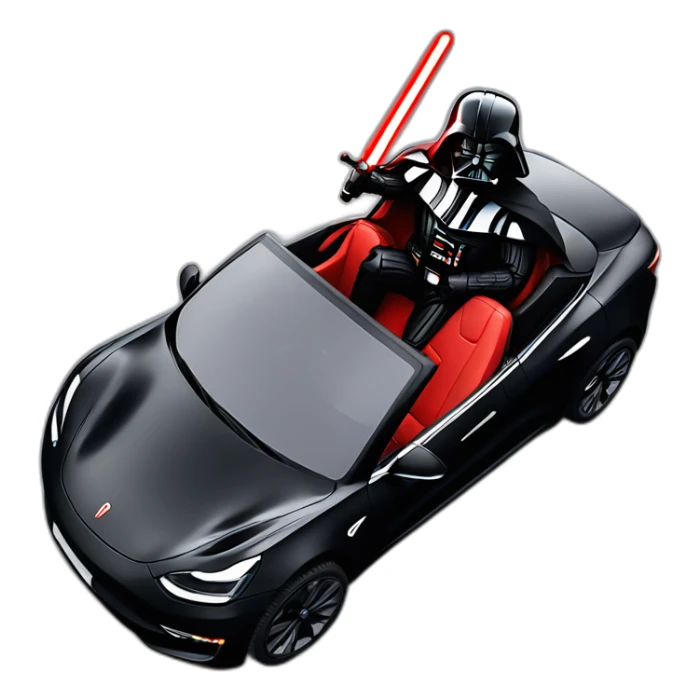 Darth Vader with red lightsaber on riding inside a open top black Tesla Model 3, front view sticker