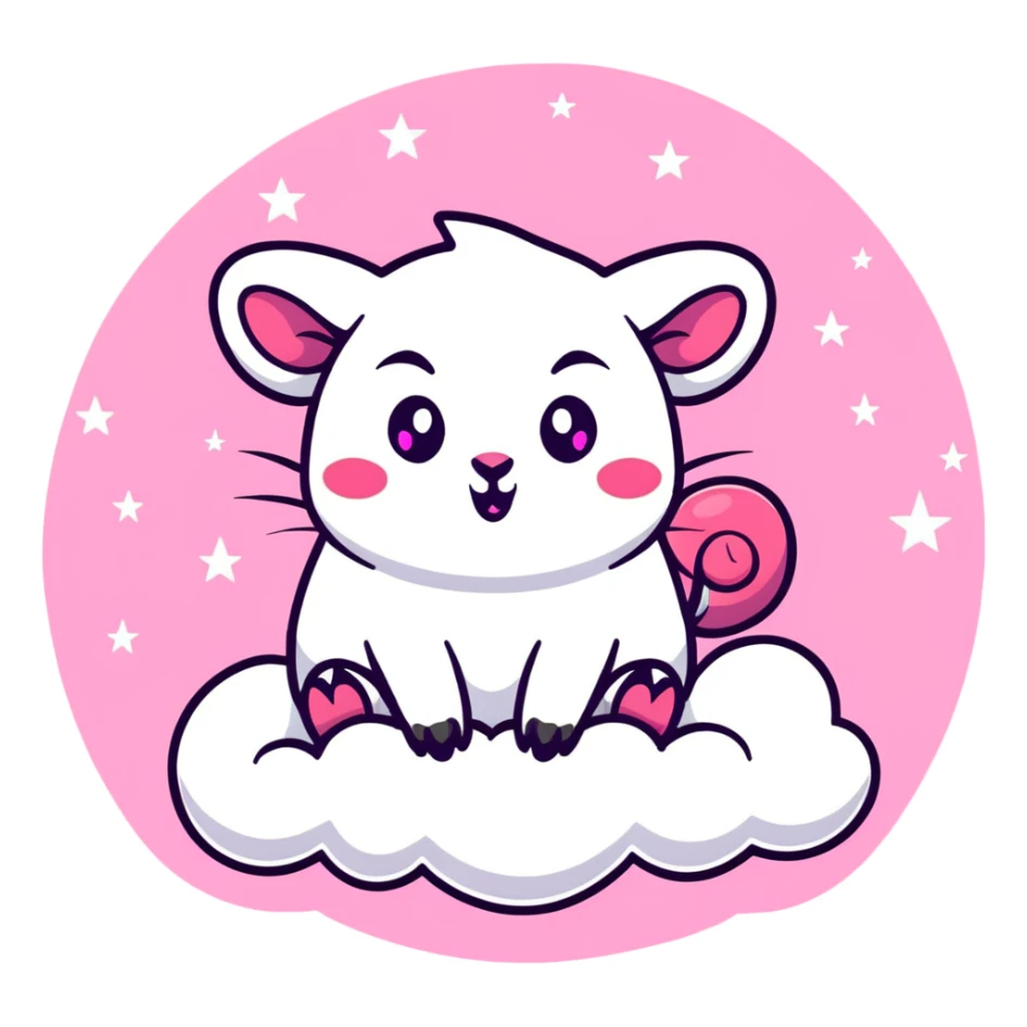 celestial pink possum on a cloud with prominent devil horns, glowing eyes, surrounded by pastel stars and sparkles sticker