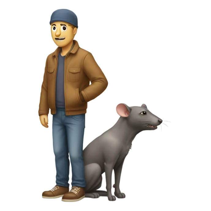 man leaning forwards to pet a dog with a rat on his head sticker
