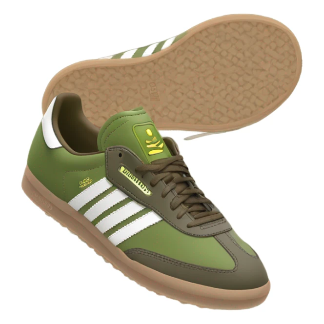 two khaki green adidas samba with a brown flat sole sticker