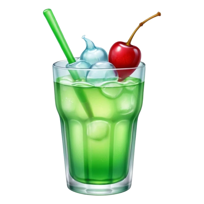 Create an emoji with a very clear rounded glass and ice, bright transparent green soda , a smooth vanilla scoop circle shape, a glossy red cherry, using vibrant colors, soft shading, and clear glass highlights.
 sticker
