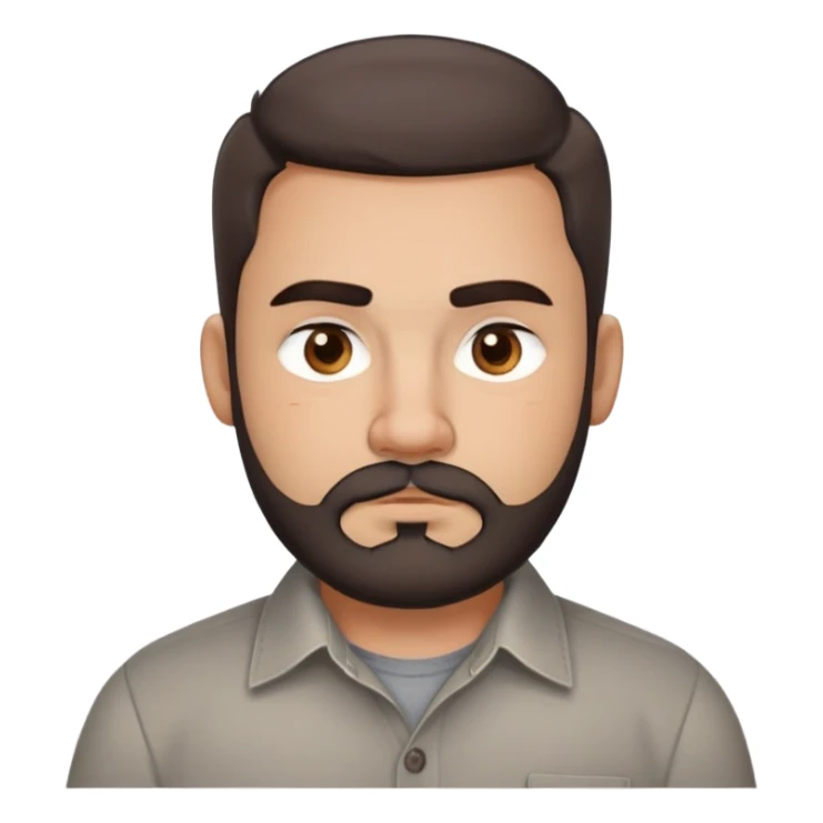 Stocky approachable man with light brown complexion, round friendly face, full cheeks, kind dark eyes, thick eyebrows, wide nose, medium lips with warm expression, short well-maintained full beard, short dark hair with simple cut, wearing a gray casual button-up shirt sticker