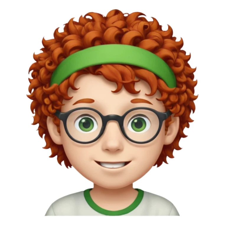 redhead kid with unique face features and very curly hair kid boy happy and big glassess and big nose and very green eyes and headband sticker
