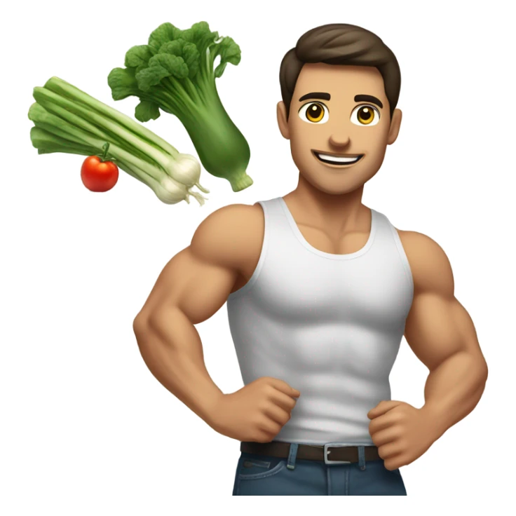 attractive muscular brunette young man using a chopping vegetables sticker