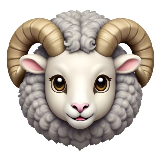 Cinematic Cute Ram Portrait Emoji, Head tilted playfully and inquisitively, featuring a dense, woolly grey fur with charming curled horns, round, sparkling dark eyes filled with curiosity, Simplified yet irresistibly adorable features, highly detailed, glowing with a warm, friendly glow, high shine, affectionate and spirited, stylized with a touch of rugged whimsy, bright and endearing, soft glowing outline, capturing the essence of a mischievous yet loving ram, so playful it feels like it could butt its way out of the screen and into your arms! sticker