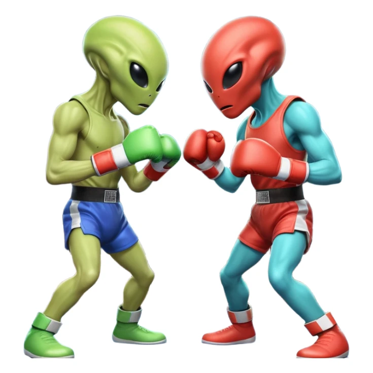 two aliens boxing in a fight stance, facing each other with raised gloves, dynamic action pose, intense expressions, sci-fi arena vibe, 3D cartoon style, mobile game icon style, clean background, no text, no watermark
 sticker