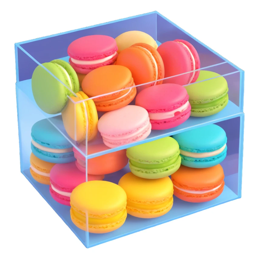 box of macarons with transparent lid, vibrant colors, shiny and appetizing, realistic textures, iOS 3D emoji style sticker