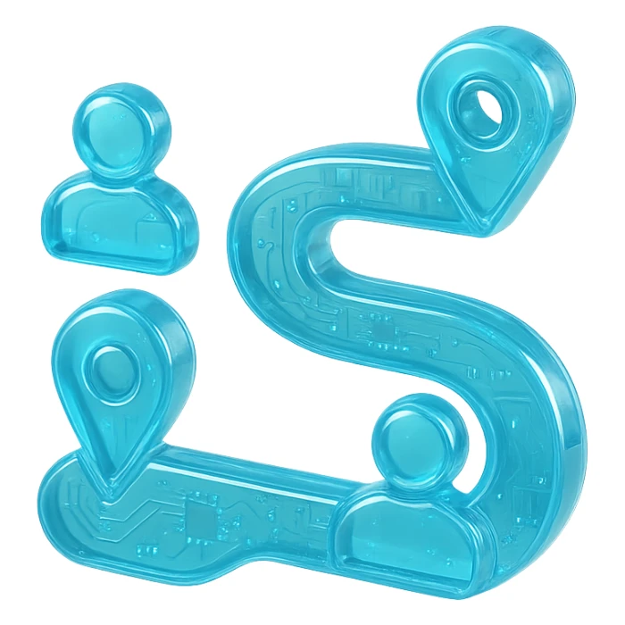 Flat icon of a winding path with user avatars and milestones, cyan blue sticker