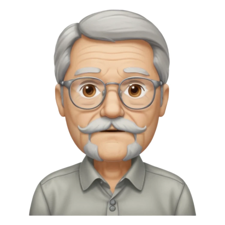 old man with long hair and beard wearing glasses with shirt sticker