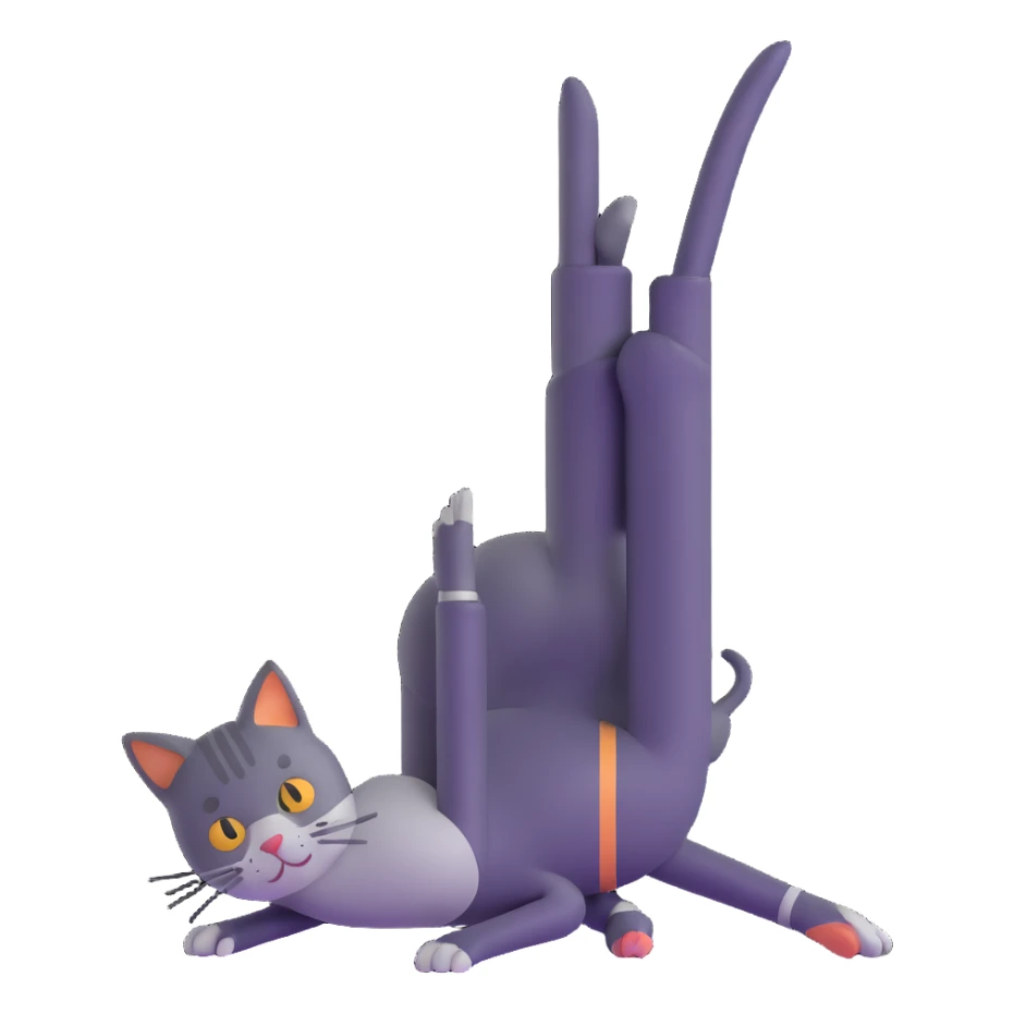 cat doing pigeon yoga pose with one leg bent in front and one leg stretched behind sticker