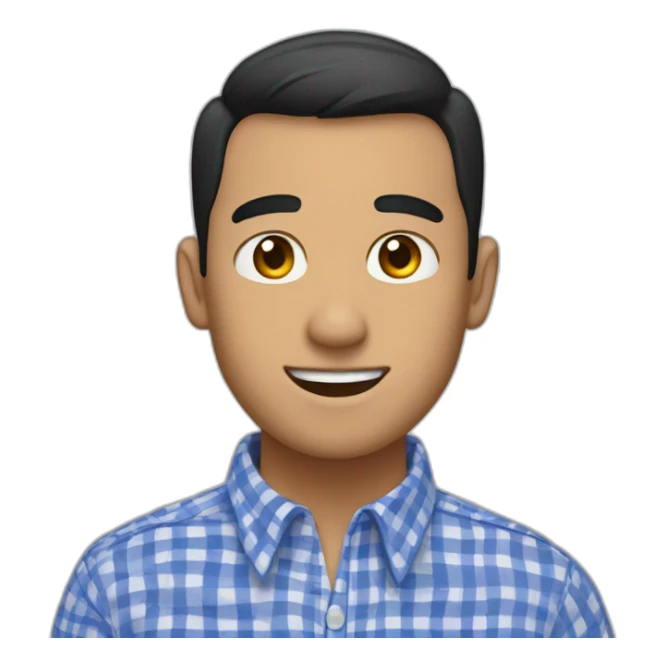 Tan man with short black hair and a gingham white/marine buttoned collar shirt sticker