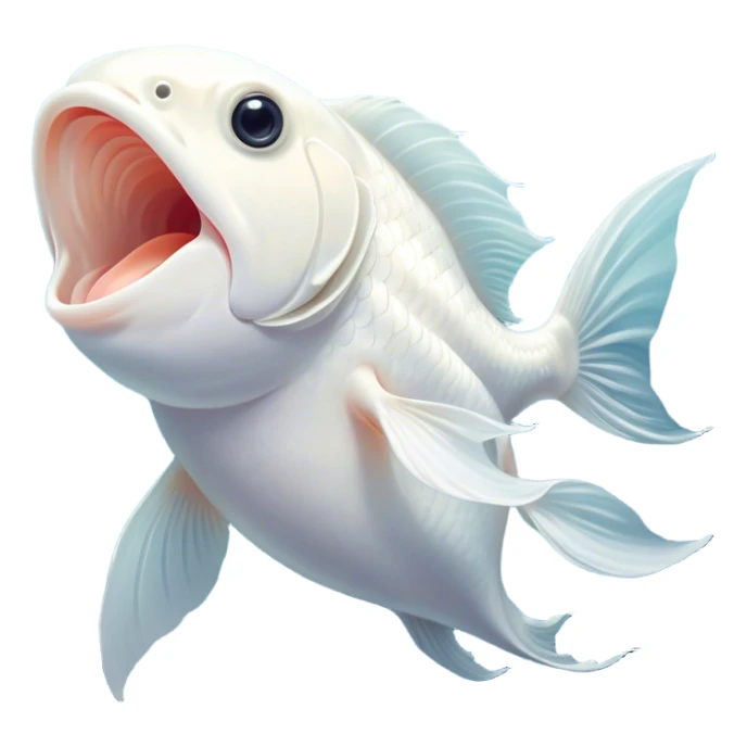 Cinematic Cute Yawning White Goldfish Portrait Emoji, Head tilted slightly with a dramatic, wide-open yawn, showcasing a smooth, pure white body with graceful, flowing fins, eyes barely open in drowsy contentment, Simplified yet irresistibly adorable features, highly detailed, glowing with a soft, cozy glow, high shine, relaxed yet expressive, stylized with a touch of whimsy, bright and endearing, soft glowing outline, capturing the essence of a sleepy yet affectionate goldfish, so drowsy it feels like it could float out of the screen and curl up for a nap! sticker