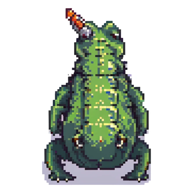 A pixel art crocodile with a bomb on its back, blocky design, retro colors sticker