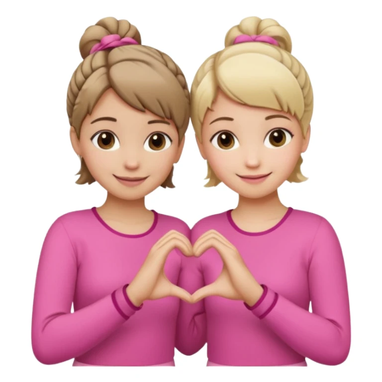 Two best friends making a heart shape with their hands together. One of them has blond hair which is shorter and the other has brown hair tied up. They are both wearing pink outfits. sticker