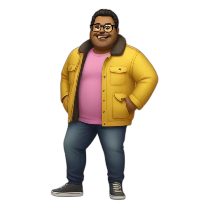 plus-sized man with dark hair, yellow long jacket, pink glasses. Show full lenght peson sticker