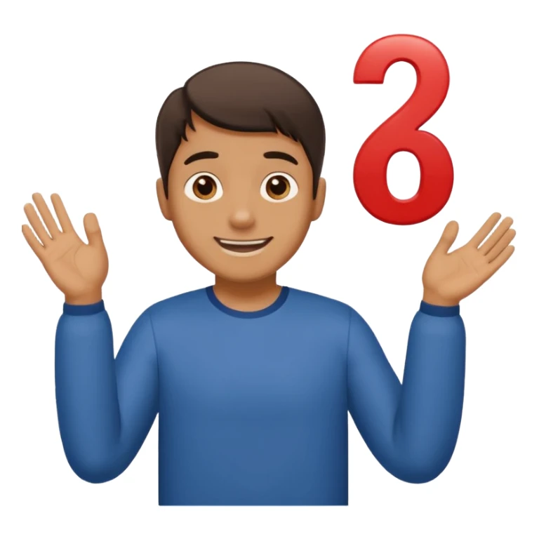 A man shrugging his shoulders with 6 abuve his left hand and 7 abuve his right sticker