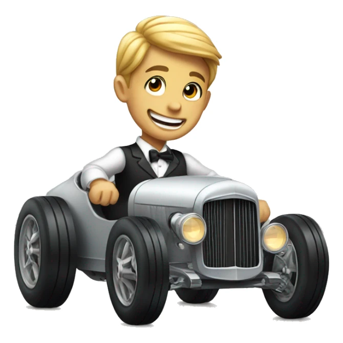 smiling boy in formal attire racing hot rod sticker