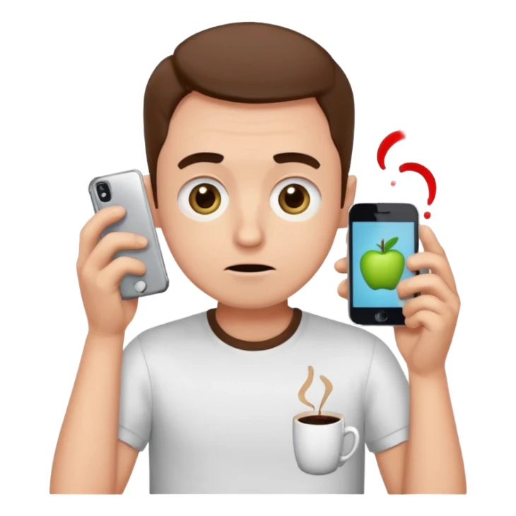 clumsy ordinary guy in classic emoji style, round head, huge shiny eyes, small mouth, awkward expression, spilled coffee on shirt, holding broken phone, thick black outline, flat vibrant colors, Apple emoji aesthetic, white background, very simple and cute sticker