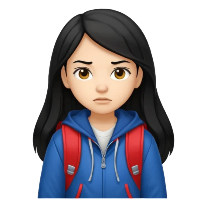 college student with annoyed face , black hair , with varsity jacket and backpack , girl, long hair,  sticker