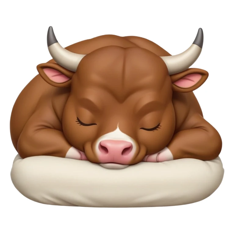meme-worthy-cute-sleeping-domestic-bull-portrait-emoji,-head-resting-peacefully-with-a-contented-smile,-showcasing-a-robust,-muscular-build-and-a-luxuriously-soft-coat,-eyes-gently-closed-in-serene,-restful-slumber,-simplified,-solid-brown sticker