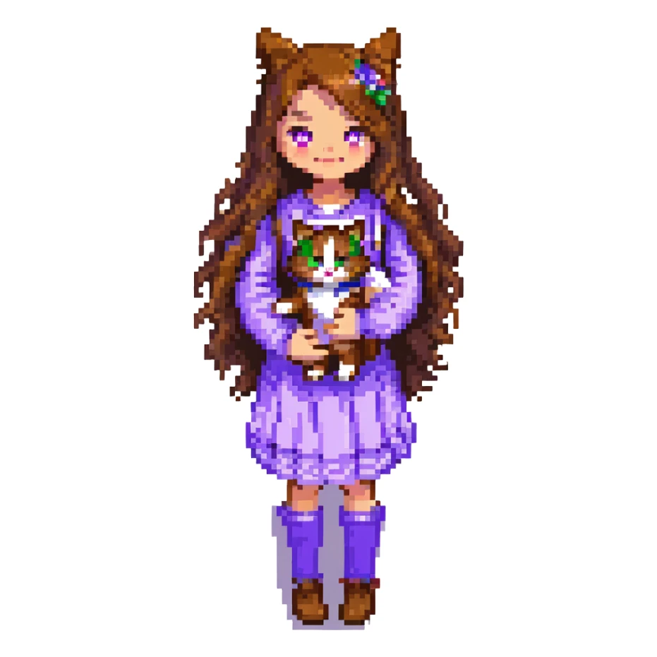 Add a simple, cheerful background to the scene with a girl with long, wavy brown hair, brown eyes, purple clothes, holding a three-color cat, in pixel art style. sticker
