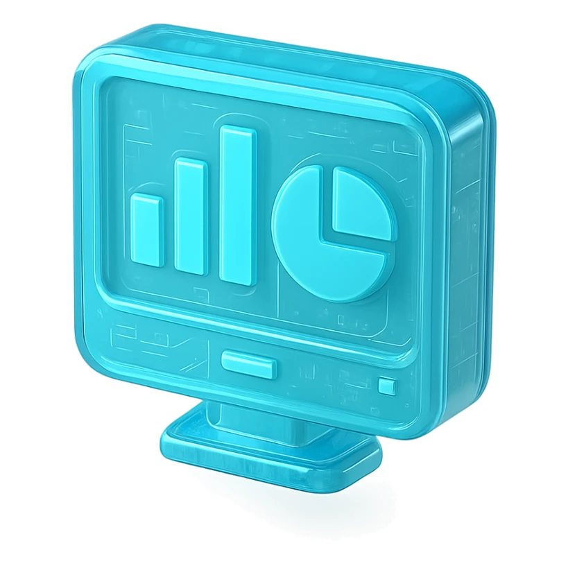 Minimalist icon of a bar chart and pie chart on a digital screen, flat design, , cyan blue sticker