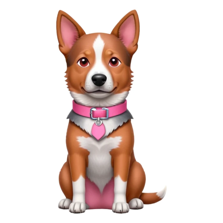 3D style Australian cattle dog with red coat sitting upright, facing forward, wearing a pink collar sticker