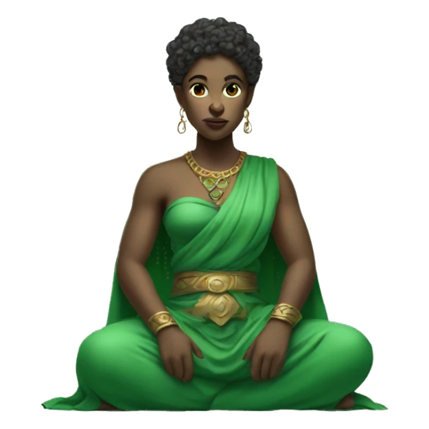 seated female god wearing green clothes  with piercing gaze  sticker