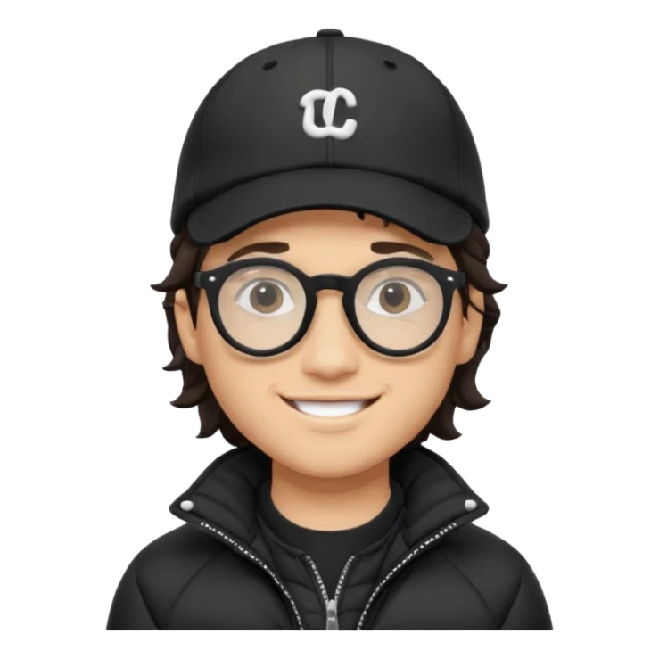 Young man wearing a black puffer jacket, black baseball cap, round black glasses, wavy hair peeking out from under the cap, smiling
 sticker