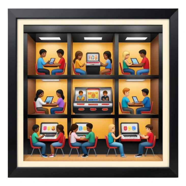 Birdseye view of large study space with students working separately add students add a jukebox sticker