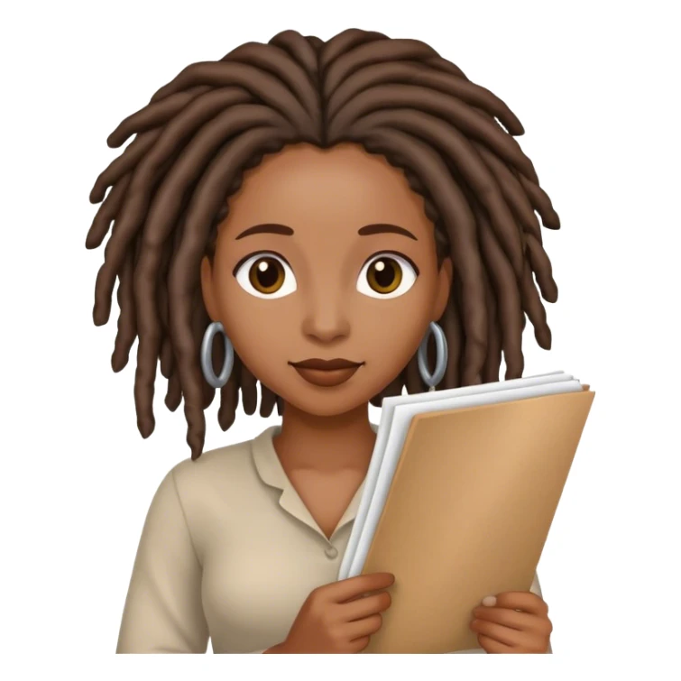 Black woman with locs holding a list sticker