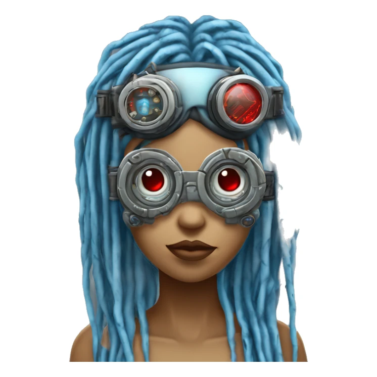 Light blue long dreadlocks female cyborg head with red steampunk goggles and circuits sticker