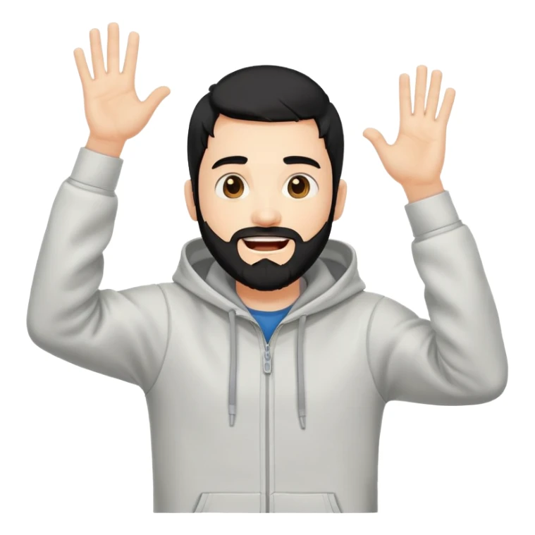 male coder with black hair, beard, and white skin, wearing a hoodie, excitedly raising arms in celebration after solving a coding problem, computer in front of him sticker
