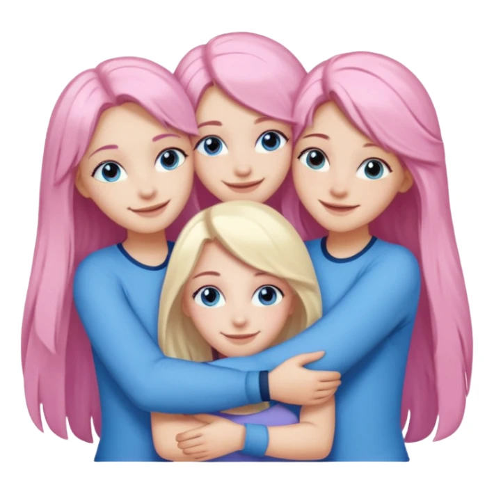 four white grips hugging and smiling    2 girls with brown eyes and long dark brown hair. One girl with long light pink hair and blue eyes, one girl with blue eyes and light blonde hair sticker