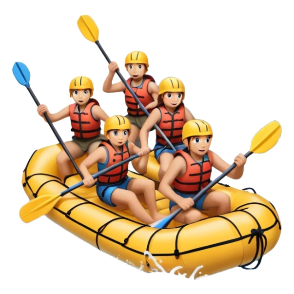 A group of adventurers paddling a raft through wild, fast-moving river rapids. The scene includes splashing water, rugged rocks, and intense action, emphasizing the excitement and teamwork of rafting in challenging conditions. sticker