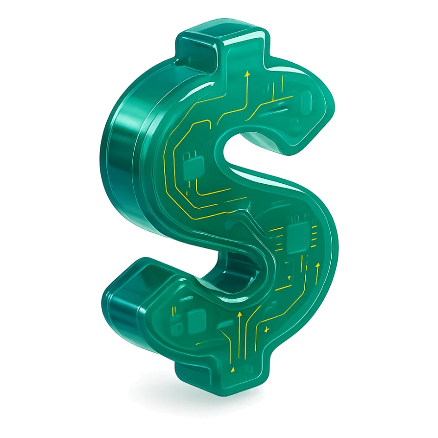 modern money icon with circuit board patterns and glossy finish, transparent background sticker